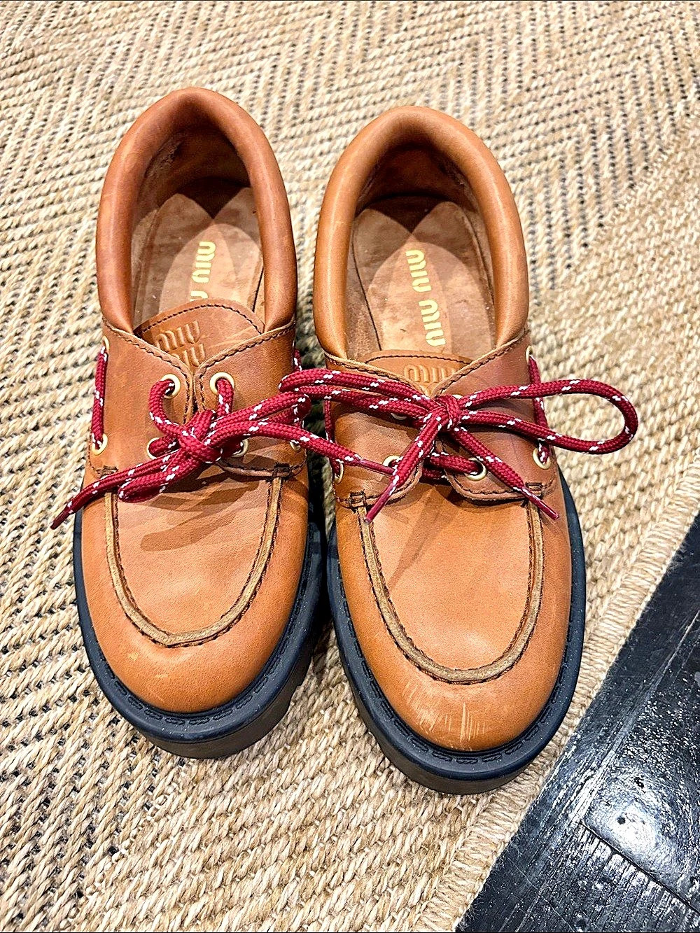 Miu Leather Boat Shoes in Brown & Red